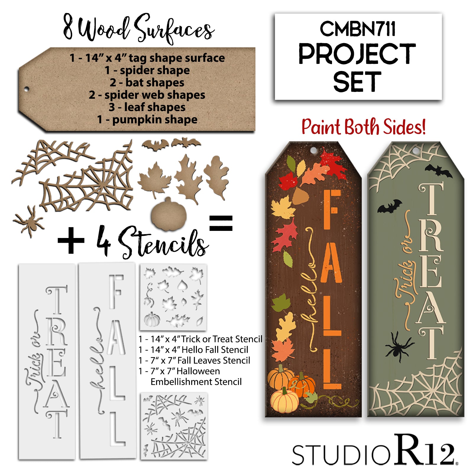 Reversible Fall & Halloween Tag Sign Project Set by StudioR12 - USA Made -  DIY Hello Fall Decor Kit - Autumn Leaves Spiders Bats - CMBN711