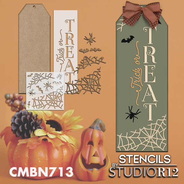 Trick or Treat Tag Sign Project Set by StudioR12 - USA Made - DIY Spooky Spider & Bat Halloween Home Decor - Surface & Stencil Kit - CMBN713