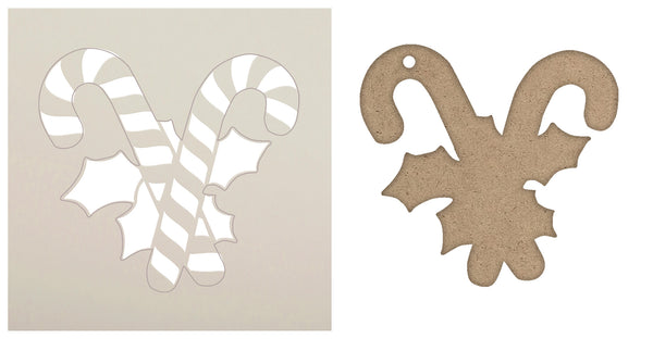 Candy Cane & Holly Ornament Set - Unfinished Blank Wood Cutout and Stencil - Paint Your Own Christmas Ornament - DIY Holiday Decor - CMBN721