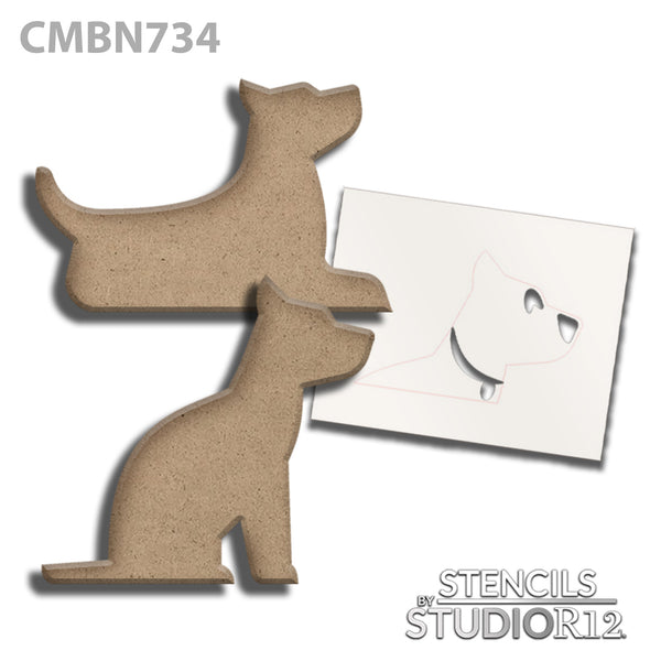 Dog Wood Embellishment & Stencil Set by StudioR12 - Unfinished Wooden MDF Cutouts for DIY Crafting & Painting - 3 Pieces - CMBN734