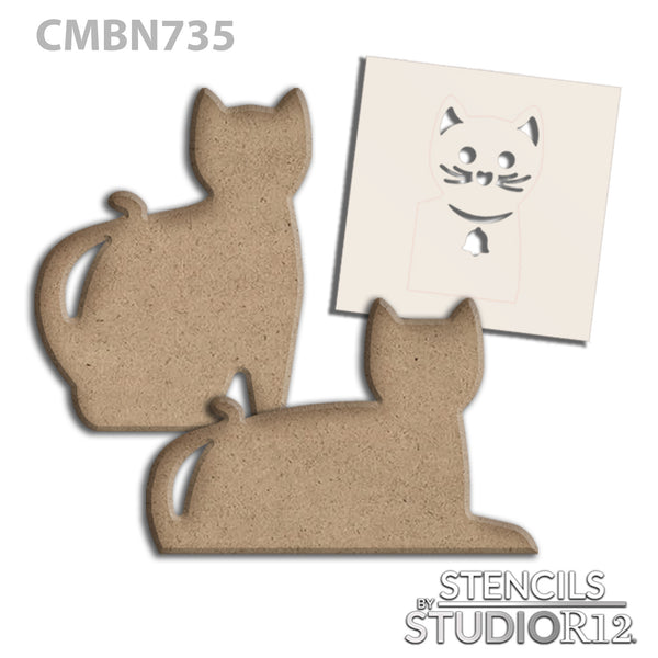 Cat Wood Embellishment & Stencil Set by StudioR12 - Unfinished Wooden MDF Cutouts for DIY Crafting & Painting - 3 Pieces - CMBN735