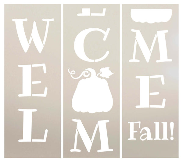 Welcome Fall Tall Porch Stencil with Pumpkin by StudioR12 | 3 Piece | DIY Large Vertical Autumn Home Decor | Front Door Entryway | Craft & Paint Wood Leaner Signs | Reusable Mylar Template | Size 6ft | STCL2021