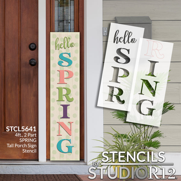 Hello Spring Stencil by StudioR12 | DIY Outdoor Wood Leaner Home Decor | Farmhouse Word Art | Craft & Paint Tall Porch Signs | Select Size | STCL5641