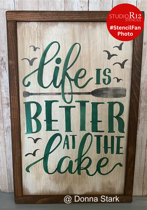 Life is Better at The Lake Stencil with Oar by StudioR12 | DIY Summer Adventure Home Decor | Sun & Waves Word Art | Craft & Paint Wood Signs | Reusable Mylar Template | Select Size