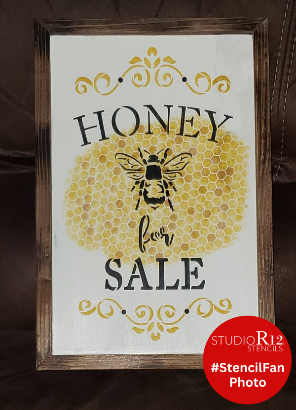 Honey for Sale Stencil with Bee by StudioR12 | DIY Spring Farmhouse Kitchen Home Decor | Rustic Embellished Word Art | Craft & Paint Wood Signs | Select Size | STCL3482