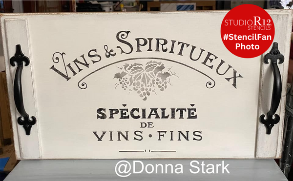 Vintage French Fine Wine Stencil with Grapes by StudioR12 | DIY Old French Ephemera Home Decor & Furniture | Vins Fins Kitchen & Bar Word Art | Paint Wood Signs | Mylar Template | 15