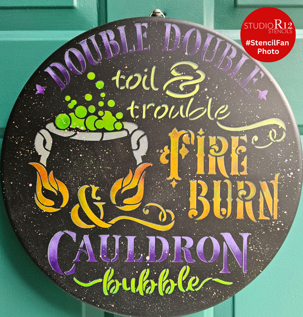Double Toil & Trouble Stencil with Cauldron Bubble by StudioR12 | DIY Halloween Witch Quote Home Decor | Craft & Paint | Select Size | STCL3460