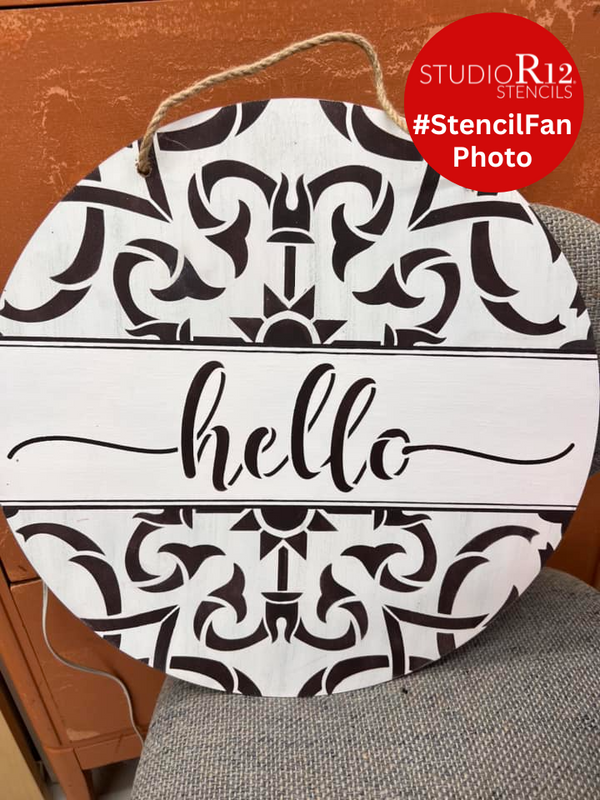 Hello - Script Stencil by StudioR12 | Craft DIY Word Art Home Decor | Paint Wood Sign | Reusable Mylar Template | Select Size | STCL5946