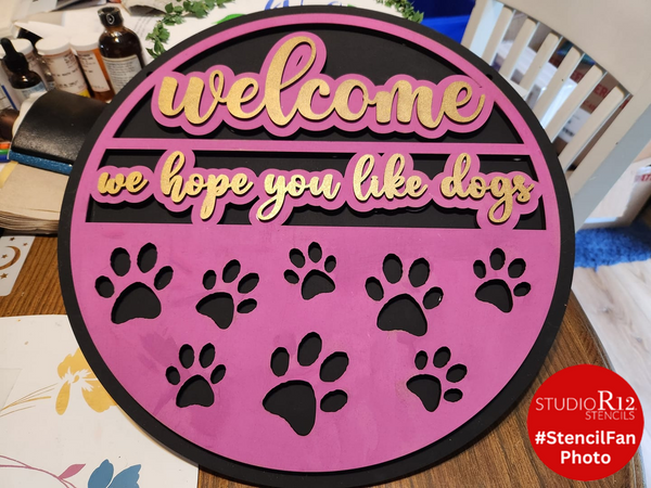 Hope You Like Dogs Unfinished Stacked Sign Set by StudioR12 | DIY Round Welcome Door Hanger Kit for Painting | 3D Wood Lettering Cutout Sign | CMBN566