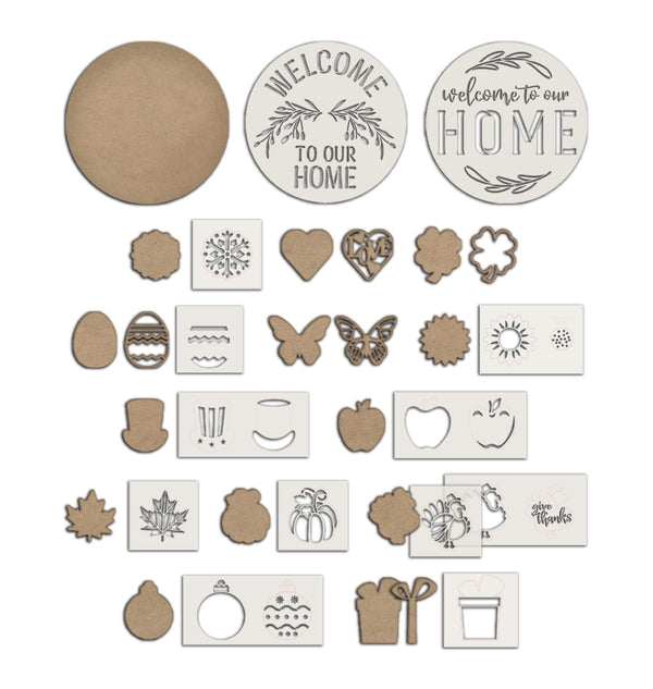 Round Welcome Home Project Set by StudioR12 - USA Made - Interchangeable Seasonal Embellishments - DIY Door Hanger Wood Sign - CMBN748