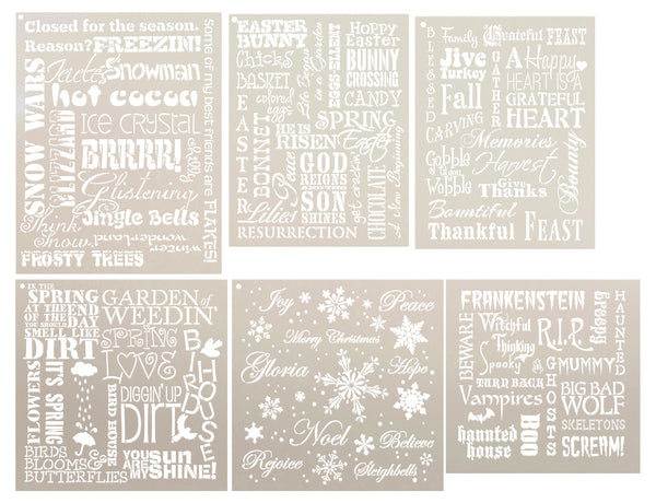 Seasonal Background Words Stencil Set | 6 Piece Set | Winter, Halloween, Christmas, Thanksgiving, Spring, Love, Easter | CMBN546