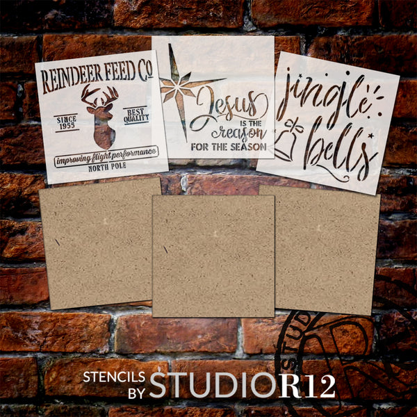 Christmas Variety Project Set | Set of 3 Holiday Stencils & Wood Surfaces | Reindeer Feed Co, Jesus - Reason for the Season, Jingle Bells | CMBN686