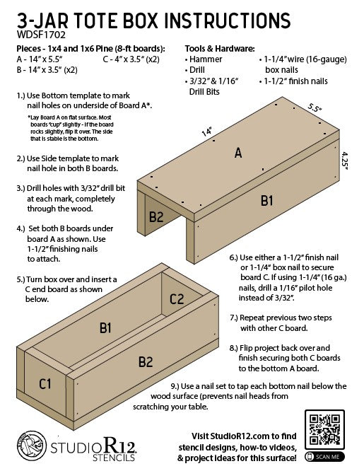 Mylar Templates for Three Jar Wood Tote Box | Cutting & Drilling Dimensions Template | WDSF1702