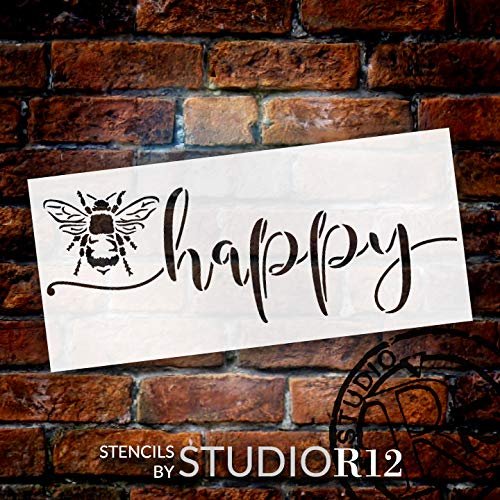 Bee Happy Script Stencil by StudioR12 | DIY Farmhouse Bumblebee Home & Classroom Decor | Spring Inspirational Word Art | Craft & Paint Wood Signs | Select Size | STCL3467