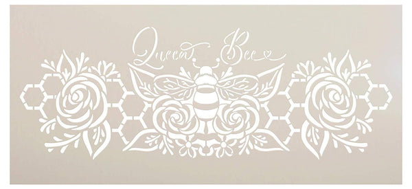 Queen Bee Stencil with Flowers & Honeycomb by StudioR12 | DIY Farmhouse Home Decor | Boho Floral Script Word Art | Craft & Paint Wood Signs | Reusable Mylar Template | Select Size