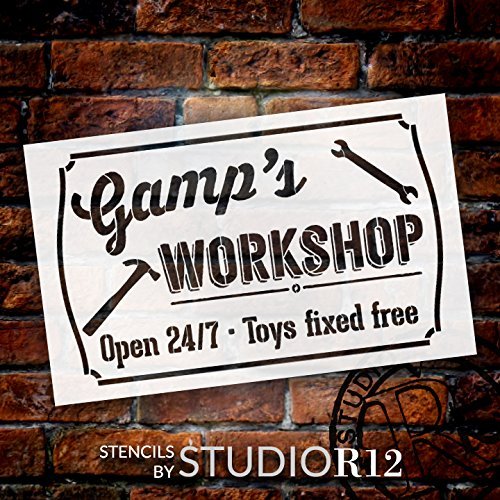 Gamp's Workshop - Open 24/7 Sign Stencil by StudioR12 | Reusable Mylar Template | Use to Paint Wood Signs - Pallets - DIY Grandpa Gift - Select Size (25