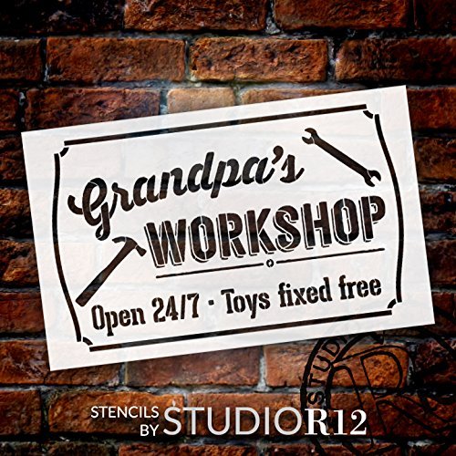 Grandpa's Workshop - Open 24/7 Sign Stencil by StudioR12 | Reusable Mylar Template | Use to Paint Wood Signs - Pallets - DIY Grandpa Gift - Select Size (25