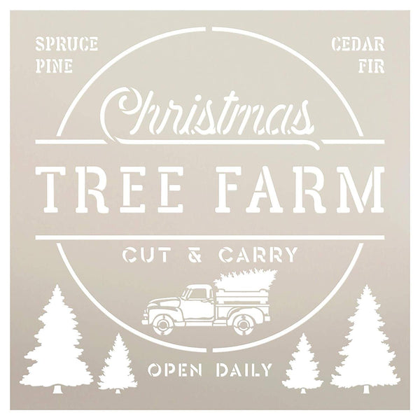Christmas Tree Farm Stencil with Red Truck by StudioR12 | Cut & Carry | Open Daily | DIY Vintage Holiday Home Decor | Craft & Paint Wood Signs | Reusable Mylar Template | Select Size | STCL3020