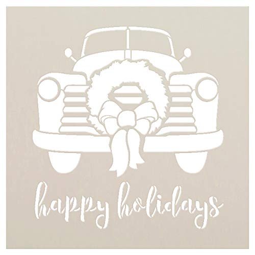 Happy Holidays Truck with Wreath Stencil by StudioR12 | Reusable Mylar Template | Use to Paint Wood Signs - Walls - Pallets - Pillows - DIY Home Christmas Decor | STCL2586 | Select size