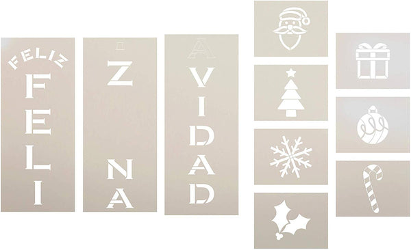 Feliz Navidad Tall Porch Stencil Set by StudioR12 | 10pc | Santa Christmas Tree Snowflake Ornament Candy Cane Holly | DIY Large Vertical Holiday Home Decor | Craft & Paint Wood Leaner Signs | Size 6ft
