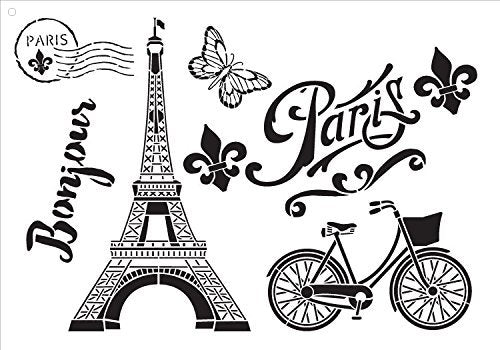 Paris Bicycle Postcard Stencil by StudioR12 | Elegant French Travel Elements - Medium 13 x 9-inch Reusable Mylar Template | Painting, Chalk, Mixed Media | Use for Crafting, DIY Home Decor - STCL1061_1