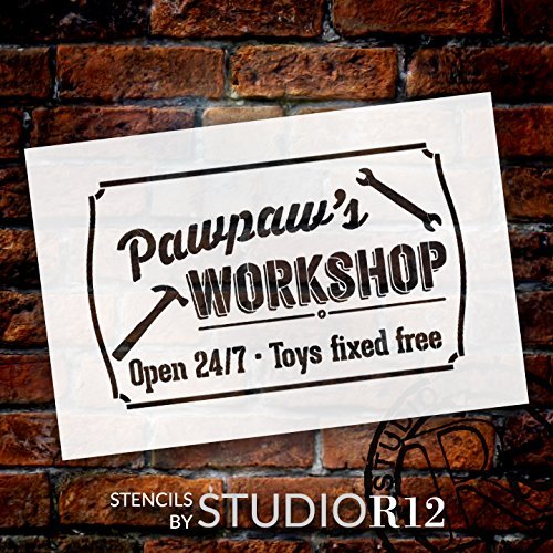Pawpaw's Workshop - Open 24/7 Sign Stencil by StudioR12 | Reusable Mylar Template | Use to Paint Wood Signs - Pallets - DIY Grandpa Gift - Select Size (12
