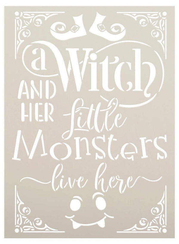 Witch & Little Monsters Live Here Stencil by StudioR12 | DIY Fun Halloween Family Home Decor | Paint Wood Signs | Select Size