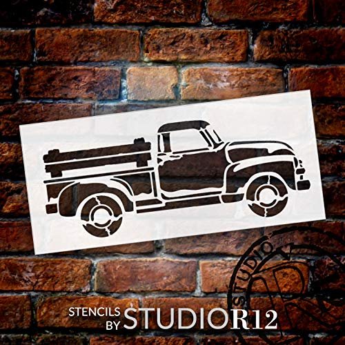 Old Red Truck Stencil with Wood Bed Rails by StudioR12 | Rustic Farmhouse Country Living Farm Life Vintage Decor | Reusable Mylar Template | DIY Home Craft | Select Size | STCL2948