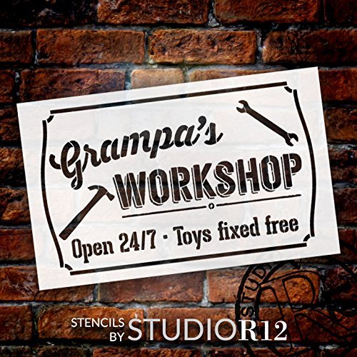 Grampa's Workshop - Open 24/7 Sign Stencil by StudioR12 | Reusable Mylar Template | Use to Paint Wood Signs - Pallets - DIY Grandpa Gift - Select Size (9
