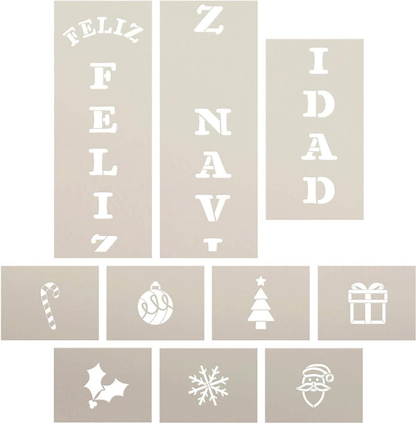 Feliz Navidad Tall Porch Stencil by StudioR12 | 10pc | Santa Christmas Tree Snowflake Ornament Candy Cane Holly | DIY Large Vertical Holiday Home Decor | Craft & Paint Wood Leaner Signs | Size 6ft