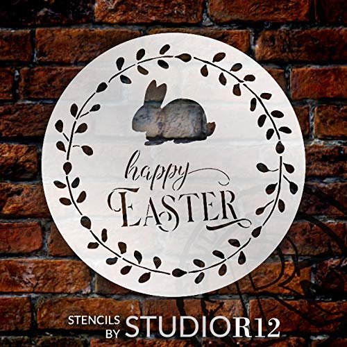 Happy Easter Round Stencil with Bunny by StudioR12 | DIY Spring Wreath Home Decor | Cursive Script Word Art | Craft & Paint Easter Wood Signs | Select Size | STCL3408