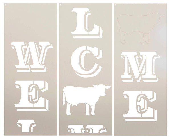 Welcome Tall Porch Stencil with Cow by StudioR12 | 3 Piece | DIY Large Vertical Outdoor Farmhouse Home Decor | Front Door Entryway | Craft & Paint Wood Leaner Sign | Reusable Mylar Template | Size 6ft