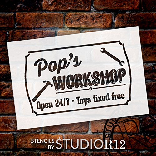 Pop's Workshop - Open 24/7 Sign Stencil by StudioR12 | Reusable Mylar Template | Use to Paint Wood Signs - Pallets - DIY Grandpa Or Dad Gift - Select Size (16
