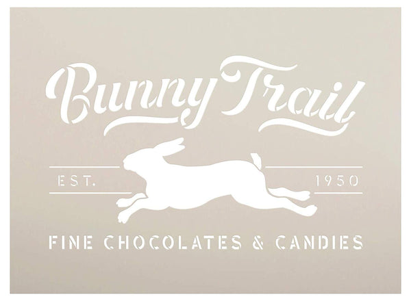 Bunny Trail Fine Chocolates Stencil with Rabbit by StudioR12 | DIY Fun Spring Home Decor | Easter Candy Word Art | Craft & Paint Farmhouse Wood Signs | Reusable Mylar Template | STCL3412
