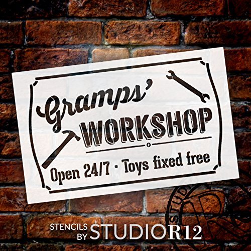 Gramps' Workshop - Open 24/7 Sign Stencil by StudioR12 | Reusable Mylar Template | Use to Paint Wood Signs - Pallets - DIY Grandpa Gift - Select Size (12
