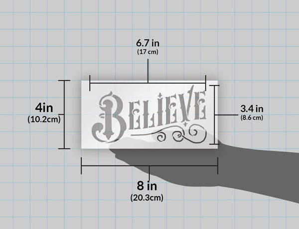 Believe Stencil by StudioR12 | Magical Vintage Word Art - Small 8 x 4-inch Reusable Mylar Template | Painting, Chalk, Mixed Media | Use for Journaling, DIY Home Decor - STCL873_1