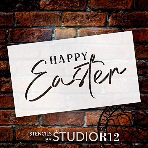 Happy Easter Cursive Script Stencil by StudioR12 | DIY Christian Spring Home Decor | Rustic Word Art | Craft & Paint Farmhouse Wood Signs | Reusable Mylar Template | Select Size