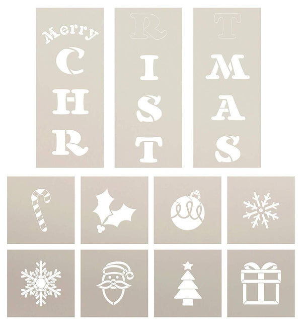Merry Christmas Tall Porch Stencil Set by StudioR12 | 11 Piece | Snowflake Ornament Holly Tree Santa | DIY Large Vertical Winter Holiday Outdoor Home Decor | Craft & Paint Wood Leaner Signs | Size 6ft