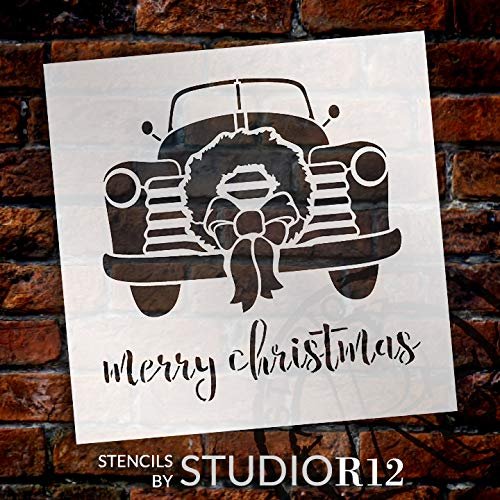 Merry Christmas Truck with Wreath Stencil by StudioR12 | Use to Paint Wood Signs, Pallets | DIY Christmas Season Decor | Select Size | STCL2575