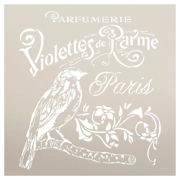 French Paris Antique Bird Stencil with Flowers by StudioR12 | DIY Vintage Script Ephemera Home Decor & Furniture | Violet Parfumerie | Paint Wood Sign | Mylar Template | Select Size