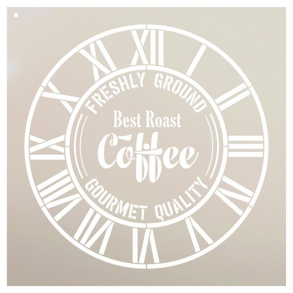 Round Coffee Clock Stencil - Industrial Roman Numerals - DIY Painting Rustic Wood Clocks Small to Extra Large for Home Decor - Select Size | STCL2435