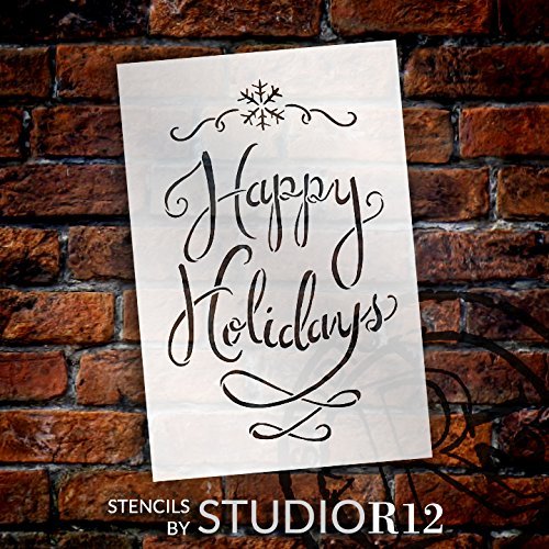 Happy Holidays Stencil by StudioR12 | Festive Christmas Word Art - Reusable Mylar Template | Stencils for Painting a Wall, Canvas and Boards | Use for Crafting, DIY Home Decor - SELECT SIZE