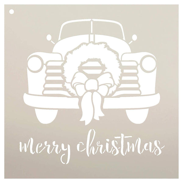 Merry Christmas Truck with Wreath Stencil - by StudioR12 | Reusable Mylar Template | Use to Paint Wood Signs - Pallets - DIY Christmas Season Decor - Select Size | ASTCL2575