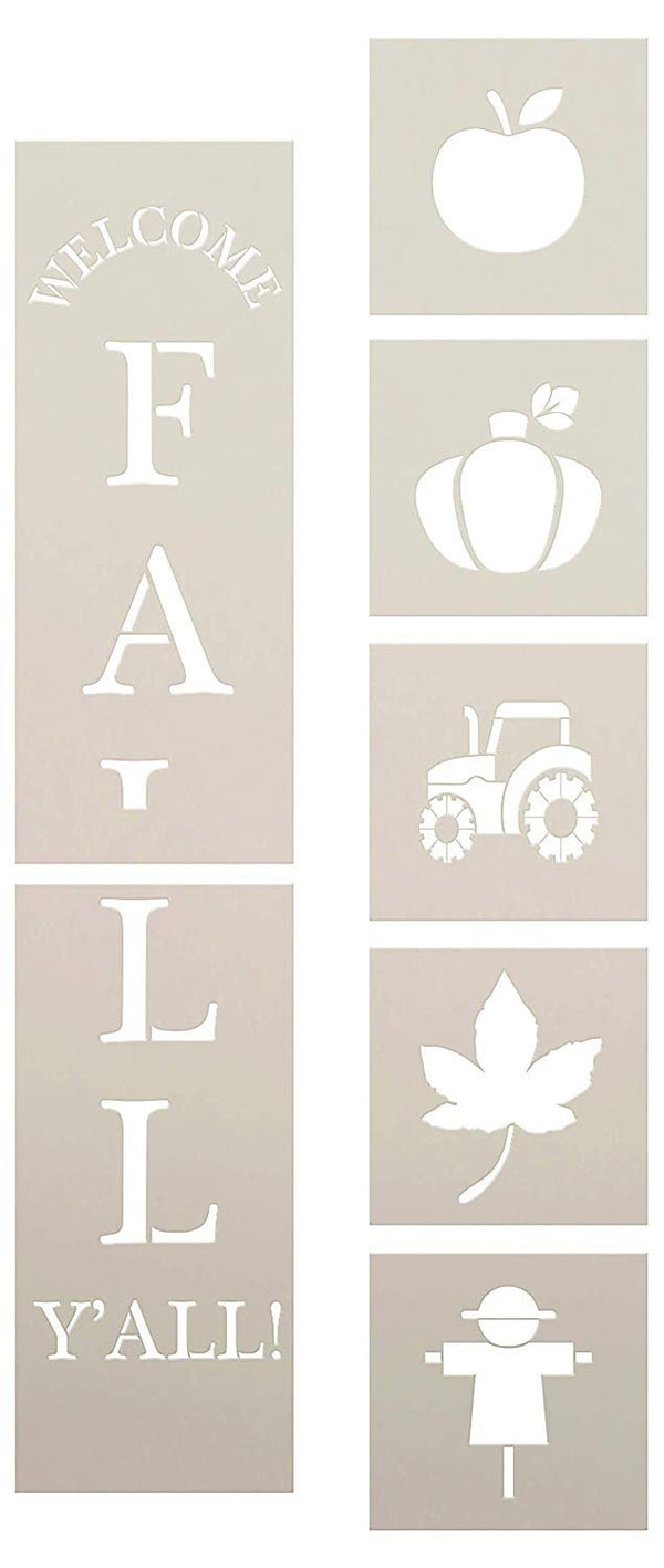 Welcome Fall Y'all Tall Porch Stencil Set by StudioR12 | Pack of 7 | DIY Vertical Autumn Home Decor for Front Door | Apple Pumpkin Leaf | Craft & Paint Wood Leaner Signs | Reusable Mylar | Size 4ft | CMBN466