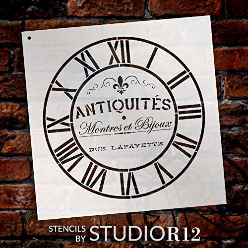 Round Clock Stencil - Industrial Roman Numerals - French Antique Words - DIY Paint Wood Clock Small to Extra Large Home Decor - Select Size (14