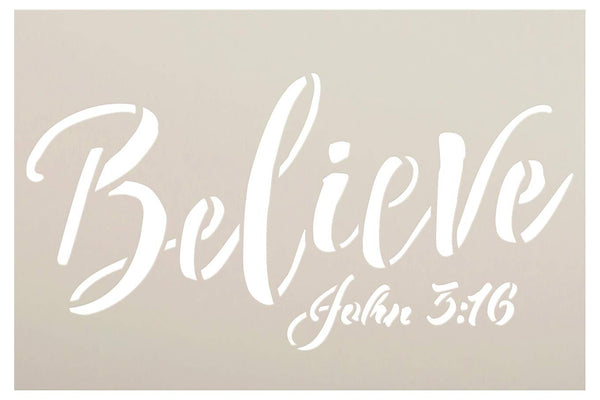 Believe John 3:16 Stencil by StudioR12 | Christian & Inspirational Wall Art | Rustic Farmhouse Faith Decor | Paint Wood Signs | Reusable Mylar Template | DIY Home Crafting | Select Size