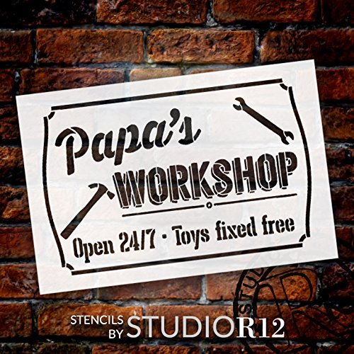 Papa's Workshop - Open 24/7 Sign Stencil by StudioR12 | Reusable Mylar Template | Use to Paint Wood Signs - Pallets - DIY Grandpa Gift - Select Size (25