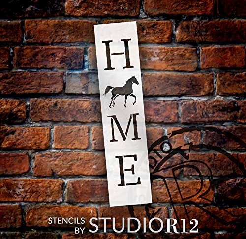 Home with Trotting Horse - Vertical Stencil by StudioR12 | Reusable Mylar Template | Use to Paint Wood Signs - Pallets - Banners - DIY Animal Lover Home Decor - Select Size