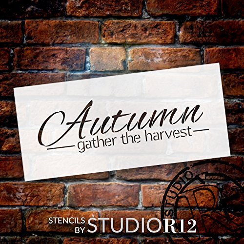 Autumn Word Stencil - Gather The Harvest by StudioR12 | Reusable Mylar Template | Use to Paint Wood Signs - Wall Art- Pallets - Pillows - DIY Fall Season Farmhouse Home Decor - SELECT SIZE