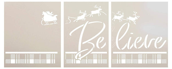 Believe Buffalo Plaid Jumbo 3-Part Stencil by StudioR12 | DIY Santa's Sleigh & Reindeer Christmas Home Decor | Craft & Paint Oversize Holiday Wood Signs | Mylar Template | Extra Large | 48 x 22 inch
